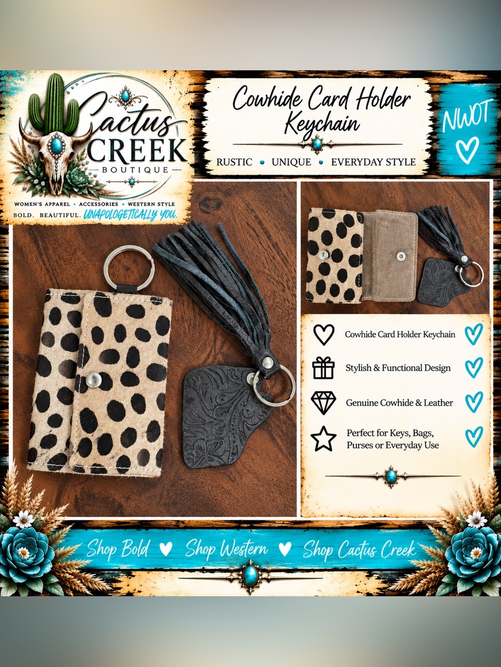 Cactus Creek Cowhide Card Holder Keychain - Black & Cream - Set of 2  - NWOT